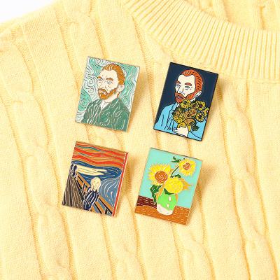 China Europe Art Self Portrait Enamel Pin Sunflower Chrysanthemum Edward Vincent Willem Van Gogh Roared Lapel Pin Oil Painting Badge for sale