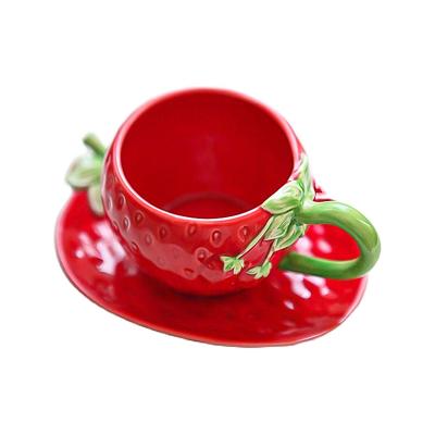 China Viable Cute Ceramic Strawberry Coffee Mug With Saucer Porcelain Milk Cup Cappuccino Cup Tea Cup And Saucer Set for sale