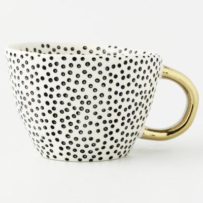 China Viable with a tiny bit of gold handle on simple modern 100% hand painted ceramic abstract pattern white and black shapes tea cups for sale