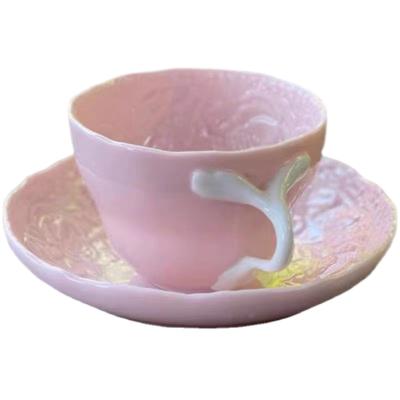 China 200ML Sustainable High Quality Embossed Pink Rose Coffee And Black Tea Cup Saucer With Special Handle for sale