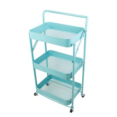 China Movable with Universal Mobile Home Service Trolley Metal Trolley Rolling Rack Storage Foldable Kitchen Trolley Cart 3 Tiers Wheels for sale