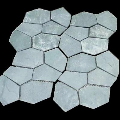 China Lotus Leaf Green Natural Slate Random Rough Outdoor Non-Slip Wall and Slate Tiles Paver on Netting for sale