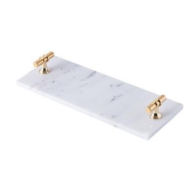 China Viable Natural Marble Stone Panel Rectangle Marble Cheese Decorative Serving Tray L Shape Jewelry Marble Tray With Gold Handles for sale