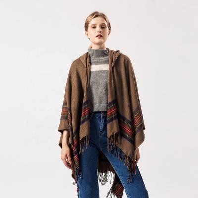 China Luxury European and American fashion women with thick cashmere jacquard colorful striped shawls can wear warm to lengthen the fashion hood Ca for sale