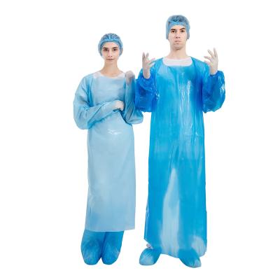 China Waterproof Plastic Disposable Gown Water Proof CPE Apron Disposable Gown-Blue With Rubber Cuffs for sale