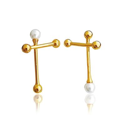 China 2022 Designer Irregular Religious Cross Brass Stud Earring High Quality Pearl Women Gold Fashion Wholesale Trendy 24K Earrings for sale