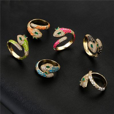 China TRENDY Snake Rings Women Gold Personalized Ring Punk Rock Style Brass Animal Blue Eye Zirconia Colorful Enamel Snake Ring for sale