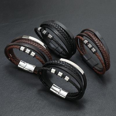 China Luxury handmade punk braided leather high quality punk braided leather multilayer wrap leather bracelet luxury tube men's bracelet FASHIONABLE metal for sale