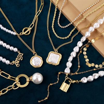 China Fashion TRENDY long chain sexy necklace classy jewelry beaded pearl lovers lock butterfly heart charms multi layer necklaces for women for sale