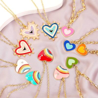 China Wholesale FASHIONABLE Heart Necklace Love Bead Necklace Beaded Gold Plated Colorful Rainbow Enamel Heart Necklace For Girl Gift for sale