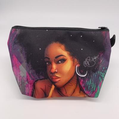 China Fashion Waist Black Zipper Women Custom Pouch Art Travel Toiletry Make Up Cosmetic Bags With Afro Girls for sale