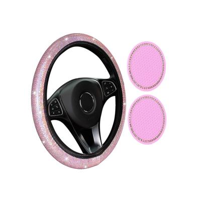 China Diamond Car Accessories Universal Women Girls Bling Pink Stretchy Car Steering Wheel Cover with 2 Packs Car Coasters Cup Holders for sale