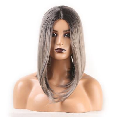 China Synthetic Hair Ombre Black Gray Synthetic Lace Front Wig Silver For Women Bob Wigs For Black Women Straight Short for sale