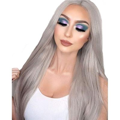 China Hd Gray Brazilian Synthetic Hair Transparent Silver Hair Wigs For Women Color Hd Lace Frontal Wigs Pre Plucked Synthetic Wigs Long Straight for sale