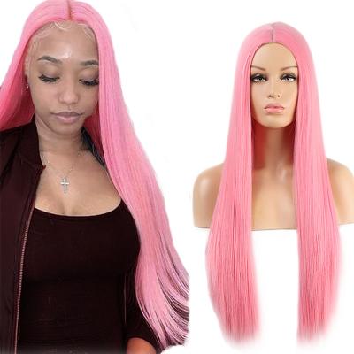 China Wholesale High Temperature Fiber Synthetic Hair 26 Inches Hair T Part Lace Front Long Straight Pink Synthetic Wigs For Women for sale