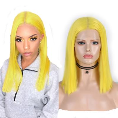 China Short Yellow Bob Front Lace Wigs Superb Quality Yellow Synthetic Hair 12 Inches Short Lead Hair Synthetic Wig for sale