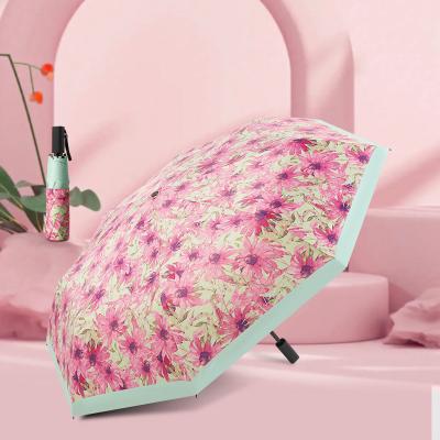 China Modern Wholesale Custom Printing Floral 3 Folding Umbrella Fashion Lady Sunshade Uv Protection Small Umbrella Portable Rain Umbrella for sale