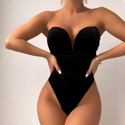 China Women's Sexy Black Backless Strapless Anti-Static Strapless High Waist Overalls Deep V Neck Thong Velvet Tube V Wrap Party Clothes for sale