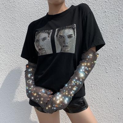 China Loose Shiny Punk Diamond Sleeve Patchwork Gothic Streetwear T-shirt Casual Patchwork Mesh Tops Black Mesh Party Women's Anti-pilling Anti-pilling T-shirt for sale