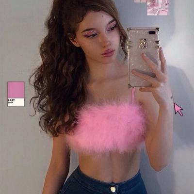 China Sleeveless Neon Slim Tie Top Velvet Fur Camis Crop Women Sexy Anti Shrink Spaghetti Straps 2022 Autumn Winter Streetwear Party Clothes for sale