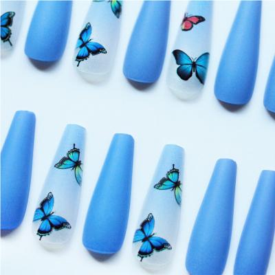 China Beautiful Fake Nails Butterfly Printing Comfortable Wearing Super Press On Nail Ballerina Long Coffin Nails Wholesale Price for sale