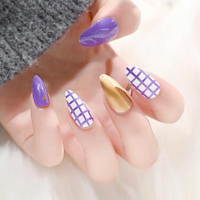 China Chip Proof And Natural Elegant Feeling Stripe Pattern False Plaid Almond Shape Nail Press On Nail for sale