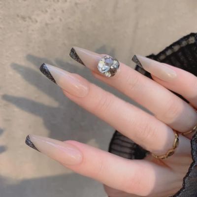 China Newcomer Durable Light Weight French Series Deep Nude Press On Nails With Diamond Fake Nail 24 Pieces for sale