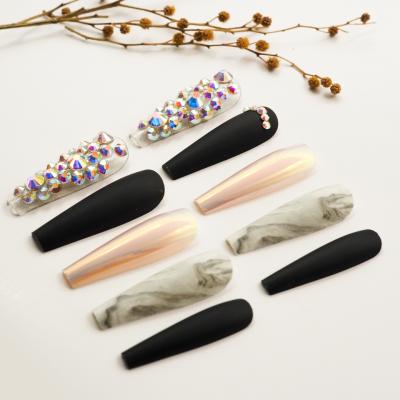 China Durable And Perfect Size Fitting Crystal Long Ballerina Coffin Shape Press On Nail Marble&Dark Black Faux Stone Nails for sale