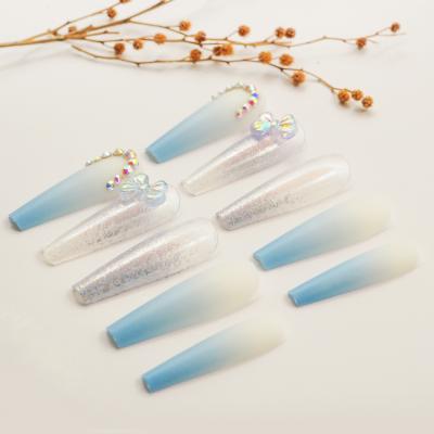 China Insane easy to apply& remove light blue press on nail long coffin ombre fake nail high quality with custom packaging for sale