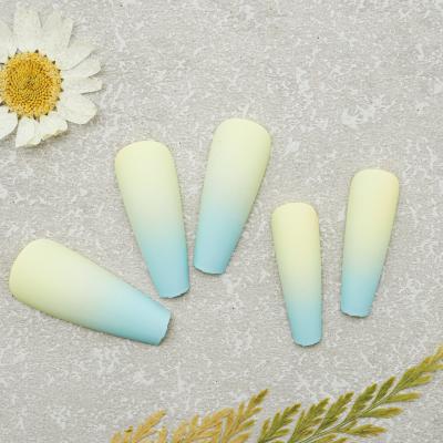 China Insane easy to apply& Remove Light Blue &Yellow Ombre Matte Finish Surface Press On Nails Long False Coffin Art Nails High Quality for sale