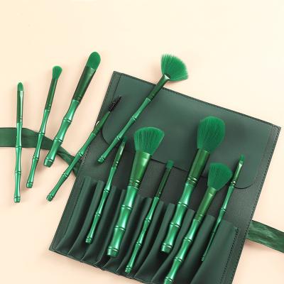 China Angular Blush Forest Green Makeup Brushes Kit 11Pcs, Foundation Brush Eyeshadow Makeup Set Brush Bamboo Design for sale