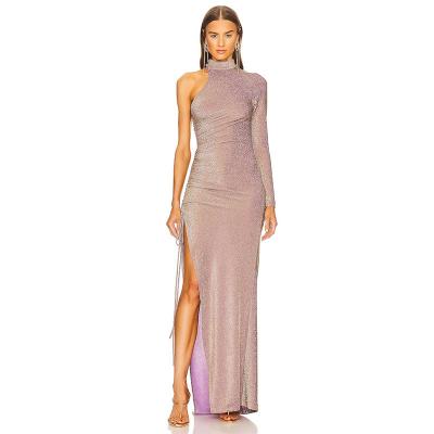 China Anti-Static Bling Glitter Elegant Party Evening Maxi Sequin Dress Bodycon Sexy Women Summer Mockneck One Shoulder Ruffles Solid Long Dresses for sale