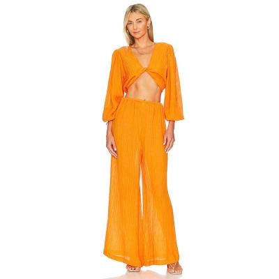 China QUICK DRY Lounge Wear Women Clothing Crop Top pants 2piece Sets Long Sleeve Blouse Pleated Wide Leg Pants Elegant Casual Two Piece Set for sale