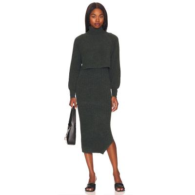 China Anti-wrinkle Winter new style ladies turtleneck oversized pullover blouse knitted split sexy black midi skirt sweater dress two piece setater for sale