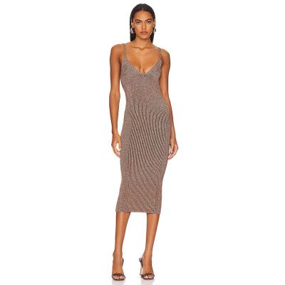 China Anti-wrinkle 2023 New Arrival Custom Knitwear Women's Summer Metallic V Neck Sleeveless Bodycon Ribbed Knitted Midi Dress for sale