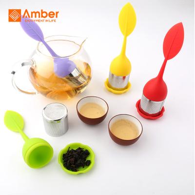 China Viable Wholesale Silicone Handle Stainless Steel Tea Strainer BPA Free Leaf Shape Silicone Tea Infuser for sale