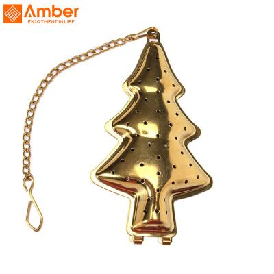 China Viable High Quality Tea Accessories Gold Plated Stainless Steel Tea Strainer Christmas Tree Shape Tea Infuser With Hand Held Chain for sale