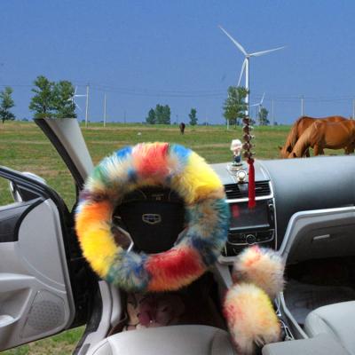 China Cheap Eco-friendly Girly Multi Color Fluffy Fur 3Pcs Hot Automotive Steering Wheel Cover Set Car Eco-friendly For Women for sale