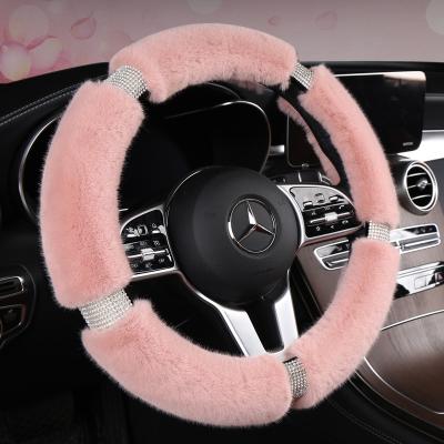 China Diamond Rhinestones Crystal Bling Car Charm Eco-friendly Interior Plush Shorts Shiny Blue White Steering Wheel Cover For Women for sale