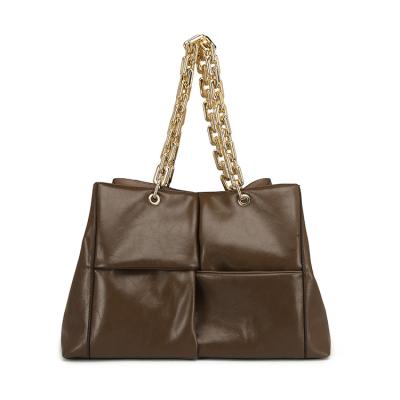 China Other Wholesale Luxury Brown Tote Bag PU Panel Zipper Chain Shoulder Bag In Gold Metal Handle For Female for sale