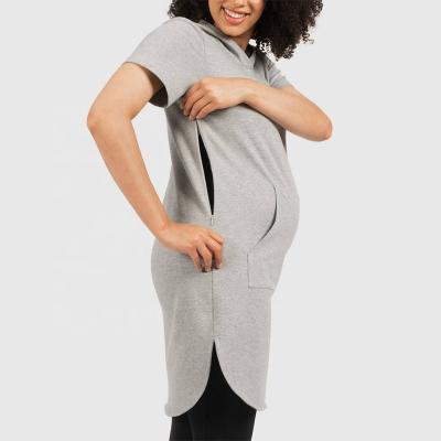 China Custom 95% cotton 5% elastane dress hoodies gray marle maternity&nursing short sleeve radiation protection nursing zipper dress for sale