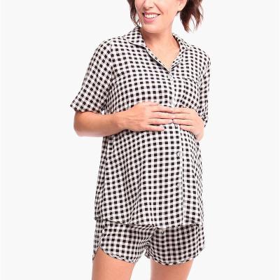 China Breathable Maternity Custom PJ Set Comfortable Maternity Clothing Summer Nights Easy Feeding Button Up Short Sleeve Woven Shirt PJ SET for sale