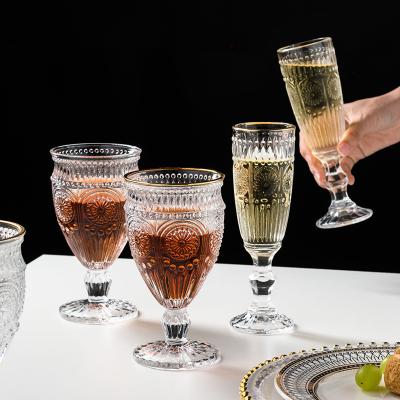 China Good quality custom luxury rose party china rose wine glass wedding vintage wine glass goblet wholesale discount glass with gold rim for sale