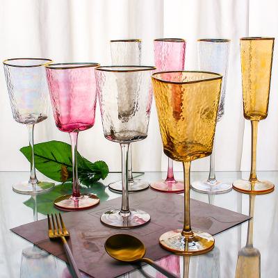 China Factory Stocked Glass Hammer Shape Wholesale Gold Rim Wine Glass Crystal Gold Wine Glasses Cheap for sale