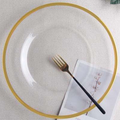 China Low MOQ Stocked Cheap Gold Rim Clear Glass Round Charger Plate 13 Inch Gold Rim Glass Charger Plates Table Charger Dishes for sale