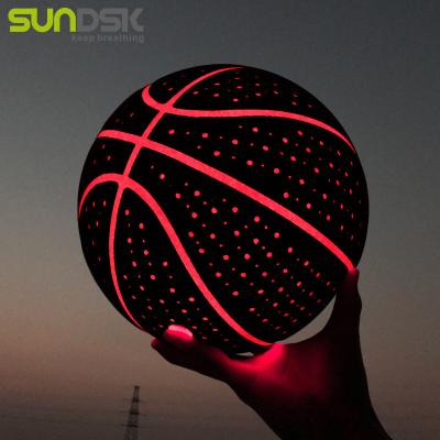 China Custom PU Size 7 Logo PU Leather Led Size 7 Leather Ball Glowing Black Light Up Glow In The Dark Basketball For Training for sale