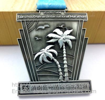 China Antique pewter sports event metal medal with ribbon, vintage pewter metal ribbon medals for sale