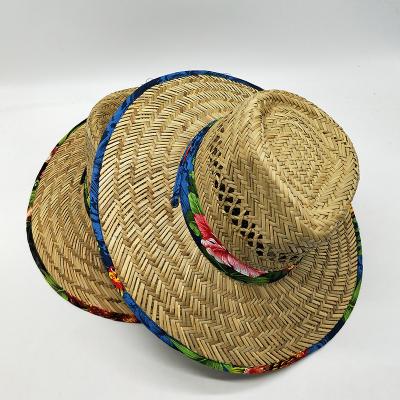 China Wholesale Eco-Friendly Natural Grass Straw Hat Men Panama Straw Cavity Straw Flower Ribbon Handmade Summer Lifeguard Hats for sale