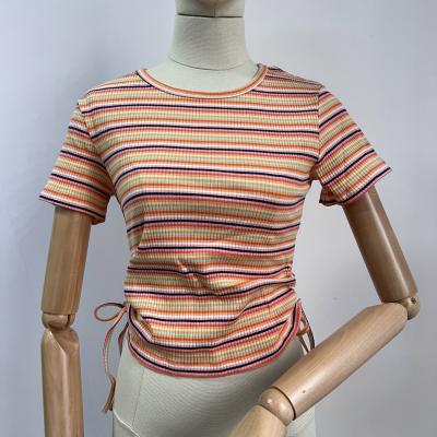 China Amazon Breathable Hot Sales Women Striped T Shirt Girls Casual Short Sleeve Pleated Cropped T Shirt Streetwear for sale