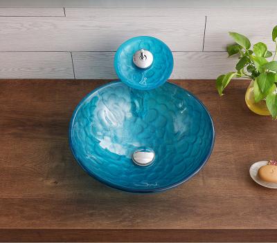 China Art Basin Ocean Round Tempered Crystal Vessel Sink Bathroom Vanity Nature Glass Sky Face Art Basin Above Vessel Sink for sale